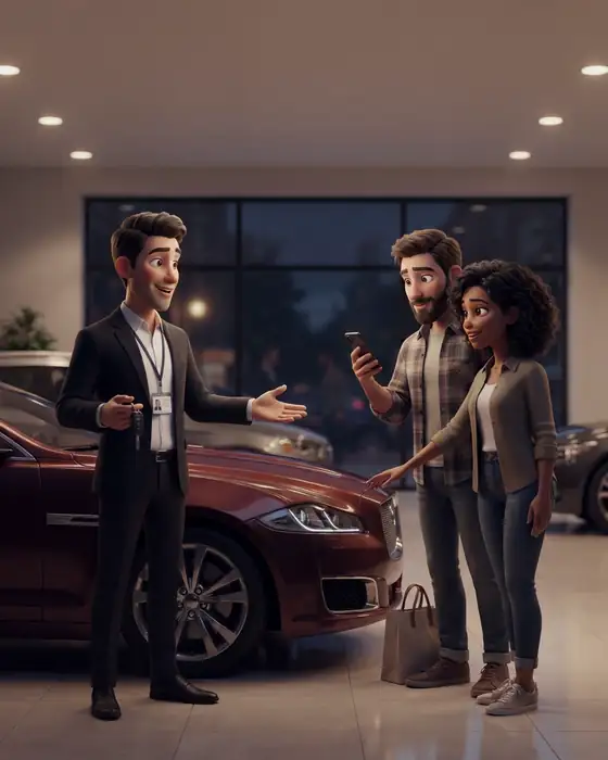 Vendedor de concessionária atende casal ao lado de um veículo no showroom