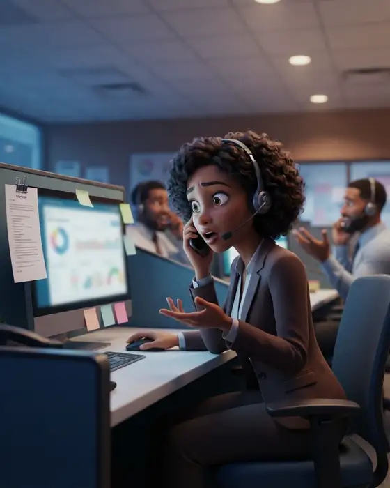 Vendedora de inside sales com headset diante do monitor, surpreendida por uma objeção